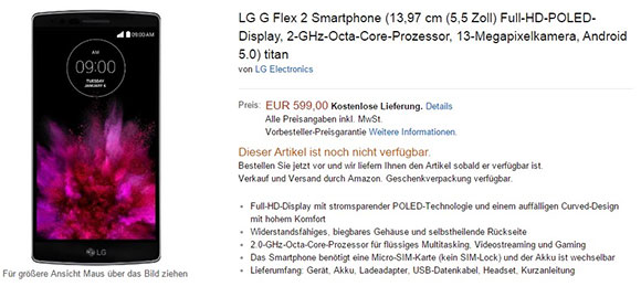 سعر هاتف lg g flex 2 على الامازون 599 €